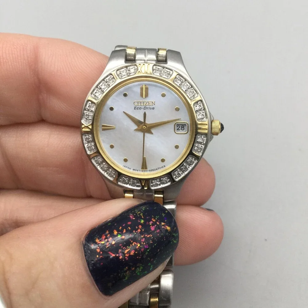Citizen Eco-Drive Womens Watch 25mm White Dial Silver Gold Tone Diamond 6.25